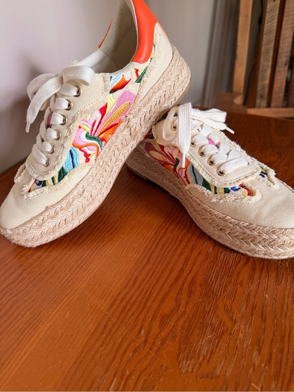 Dolce Vita Beige Canvas Embroidered Espadrille Sneakers with Orange Heel